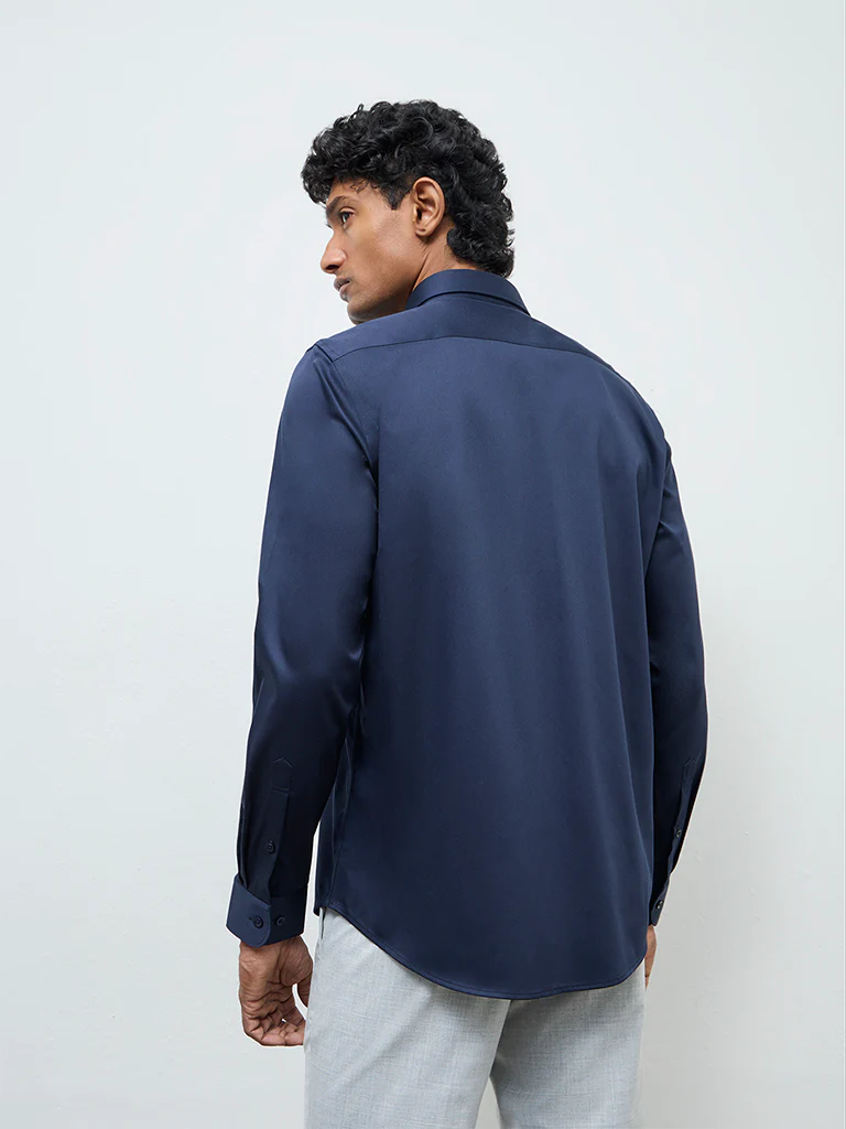 WES Formals Navy Solid Slim-Fit Cotton Shirt - Image 5