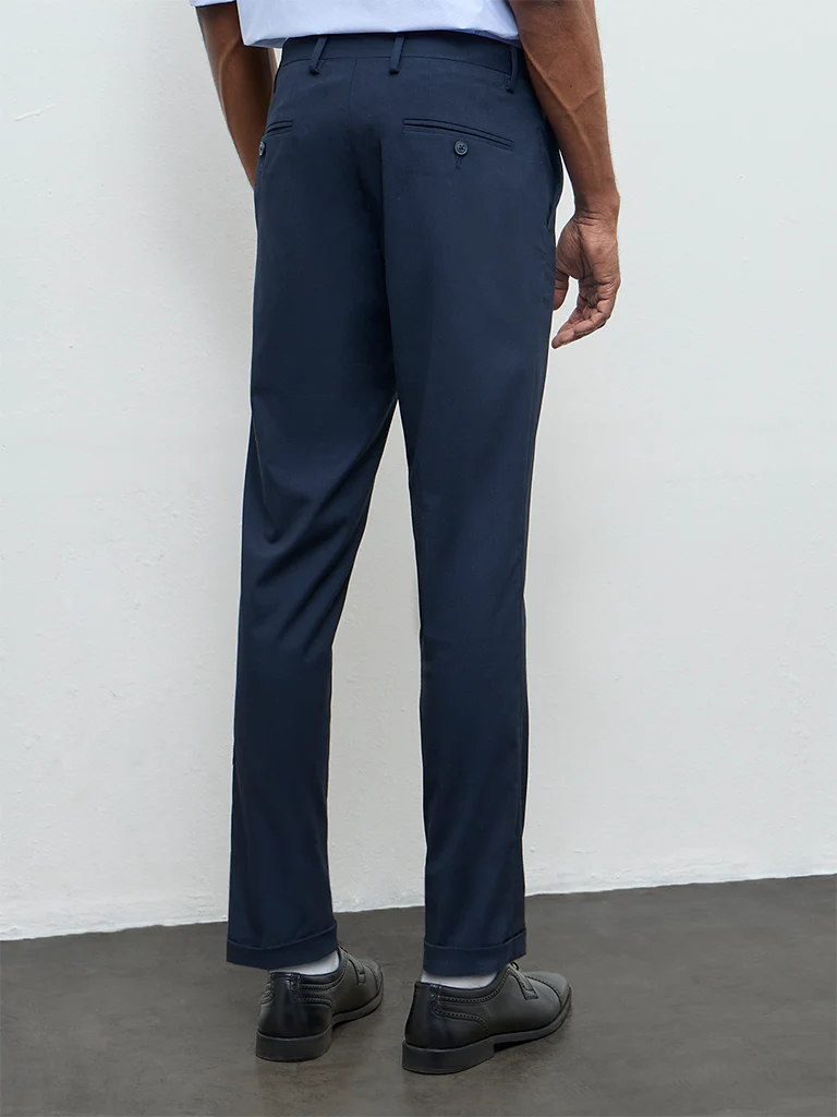 WES Formals Navy Solid Slim-Fit Mid-Rise Trousers - Image 5