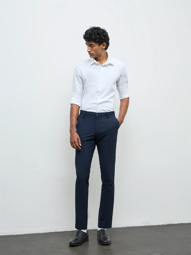 WES Formals Navy Solid Slim-Fit Mid-Rise Trousers