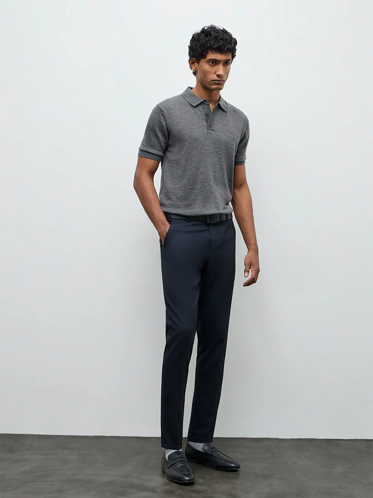 WES Formals Navy Solid Slim-Fit Mid-Rise Trousers