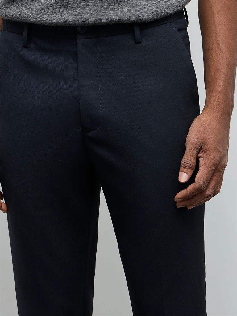 WES Formals Navy Solid Slim-Fit Mid-Rise Trousers - Image 3