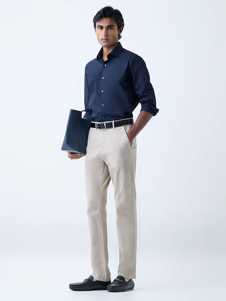 WES Formals Navy Solid Ultra-Slim Fit Cotton-Blend Shirt - Image 4