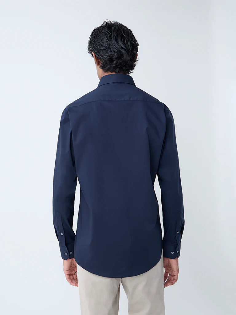 WES Formals Navy Solid Ultra-Slim Fit Cotton-Blend Shirt - Image 5