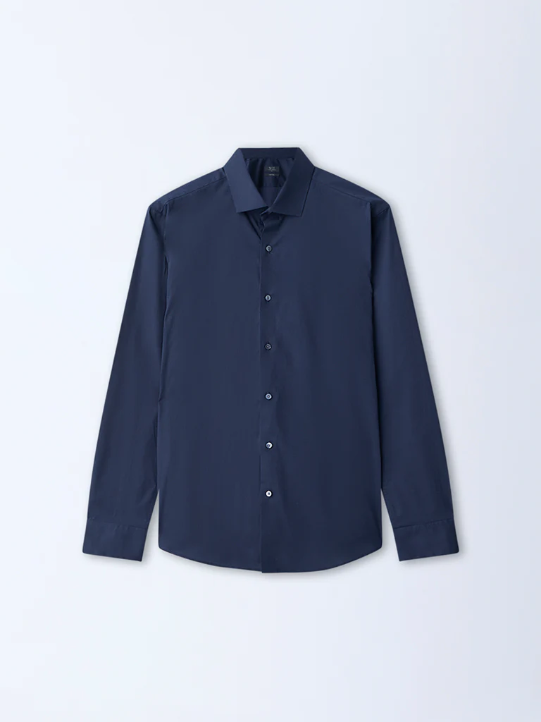 WES Formals Navy Solid Ultra-Slim Fit Cotton-Blend Shirt - Image 6