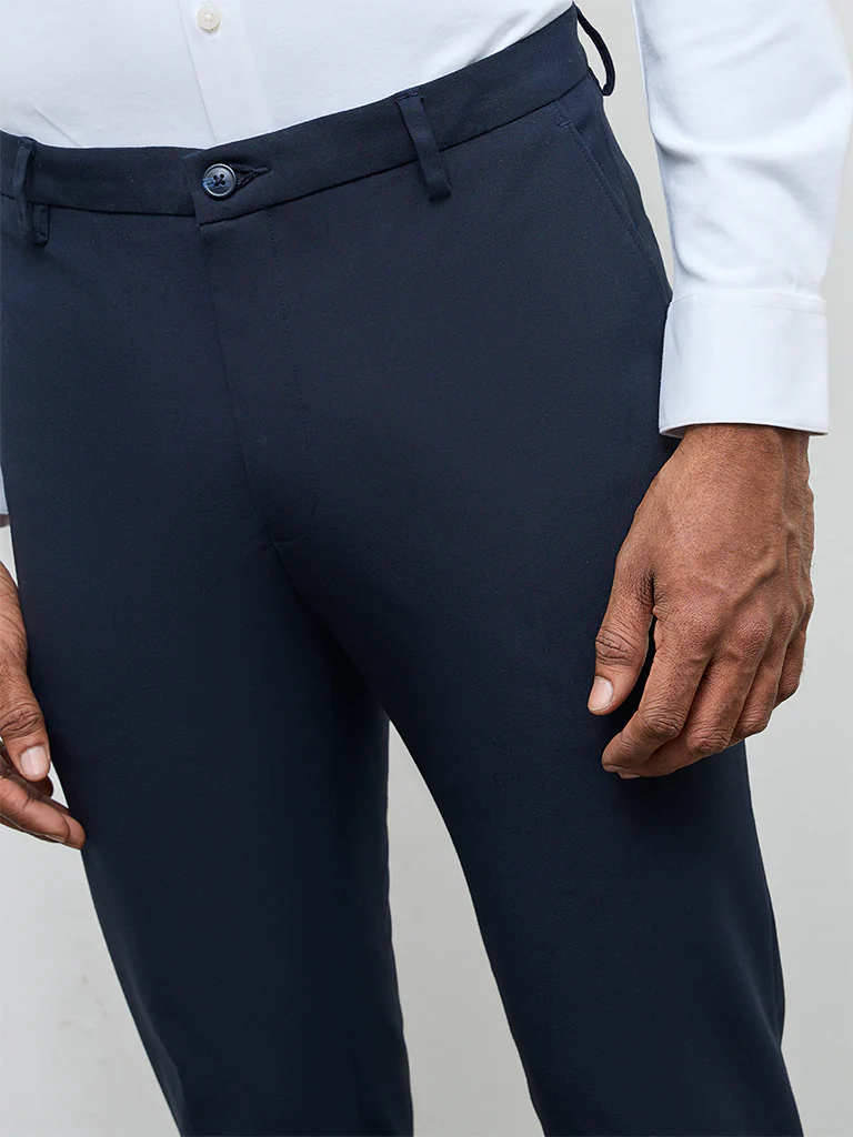 WES Formals Navy Solid Ultra Slim Fit Mid-Rise Trousers - Image 3