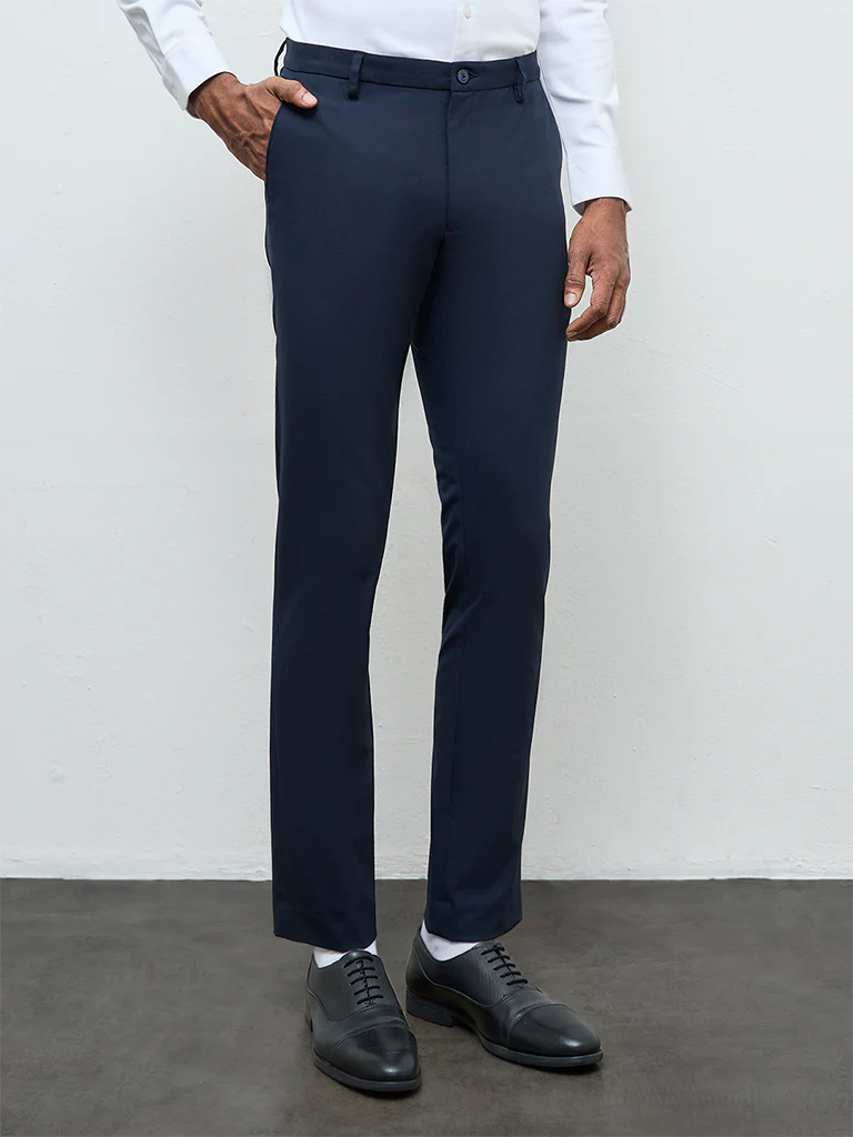WES Formals Navy Solid Ultra Slim Fit Mid-Rise Trousers - Image 4