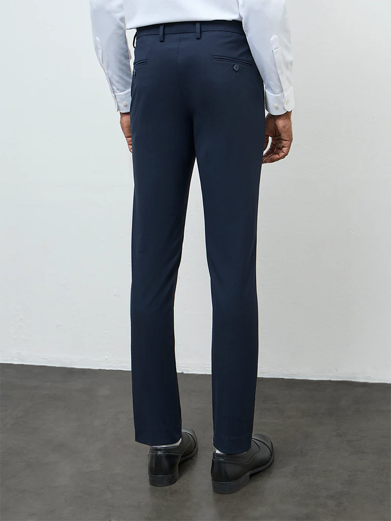 WES Formals Navy Solid Ultra Slim Fit Mid-Rise Trousers - Image 5