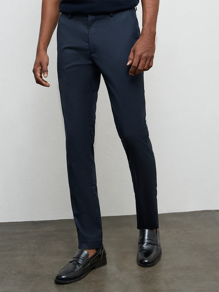 WES Formals Navy Solid Ultra Slim-Fit Mid-Rise Trousers - Image 3