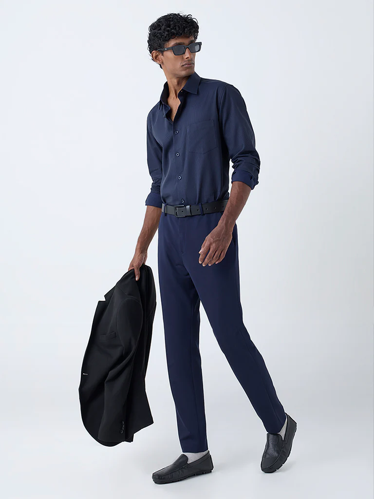 WES Formals Navy Striped Relaxed-Fit Cotton Shirt - Image 3