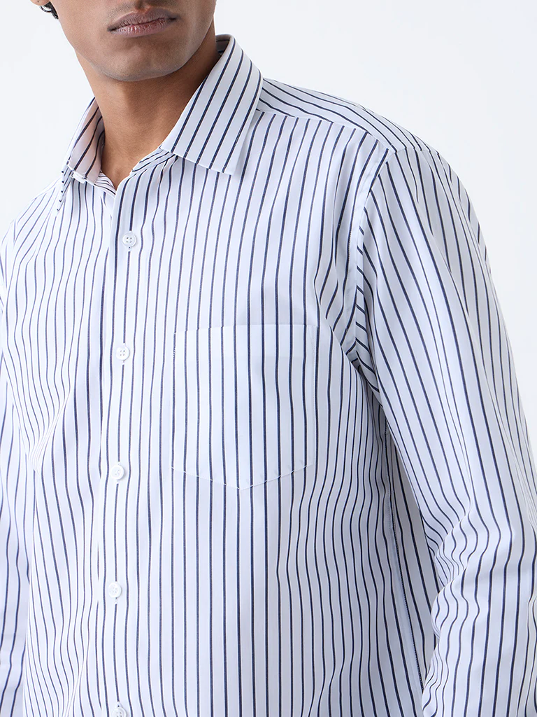 WES Formals Navy Striped Relaxed-Fit Cotton Shirt - Image 2
