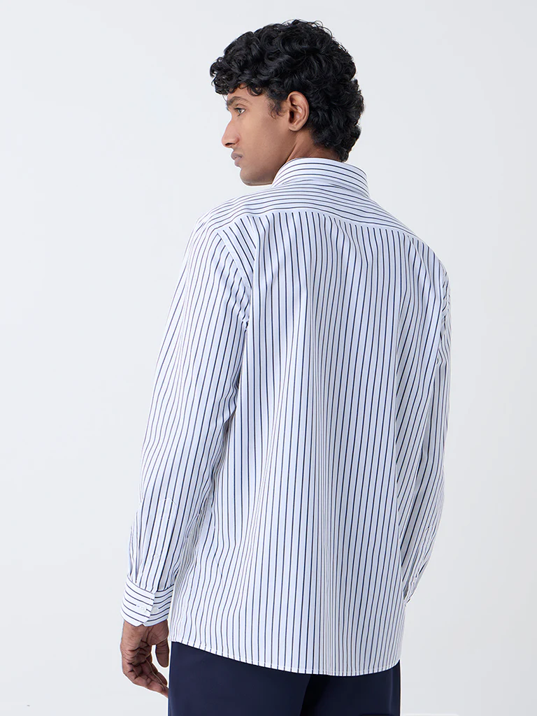 WES Formals Navy Striped Relaxed-Fit Cotton Shirt - Image 4