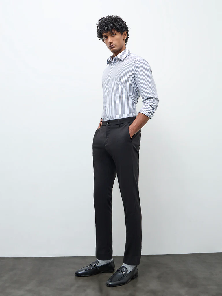 WES Formals Navy Striped Relaxed-Fit Cotton Shirt - Image 2