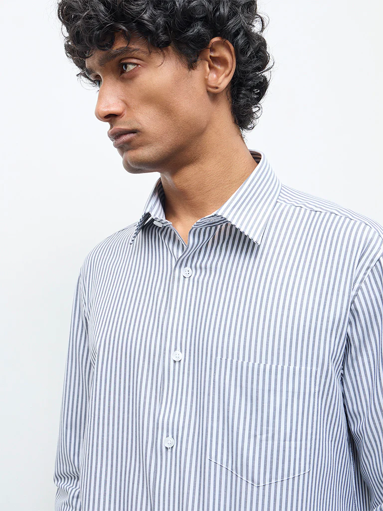 WES Formals Navy Striped Relaxed-Fit Cotton Shirt - Image 3