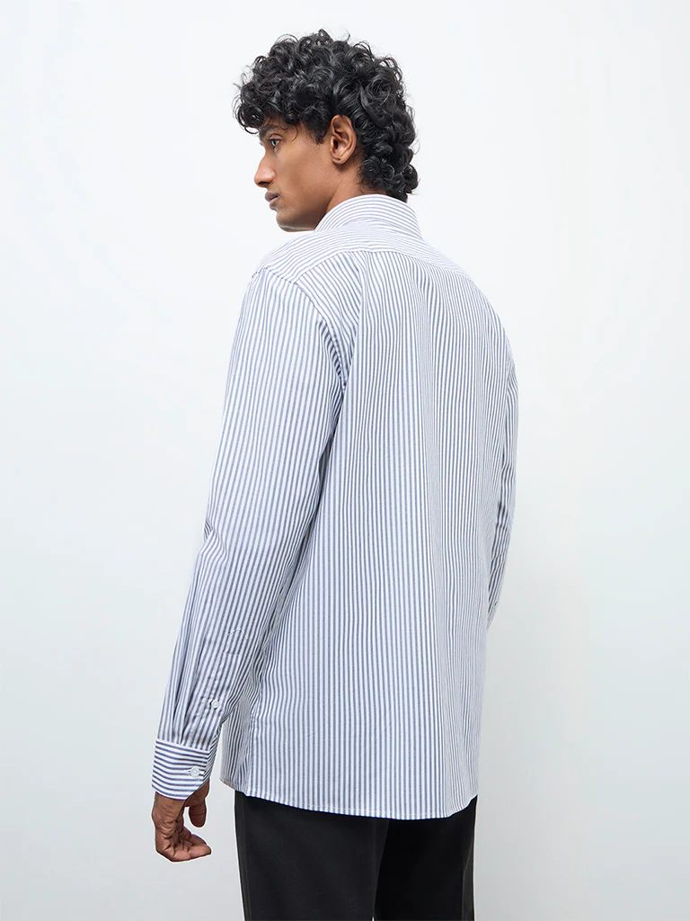 WES Formals Navy Striped Relaxed-Fit Cotton Shirt - Image 4