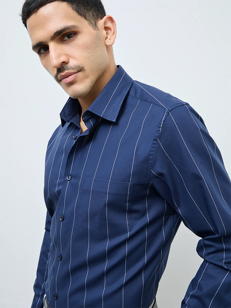 WES Formals Navy Striped Slim-Fit Cotton Shirt - Image 3