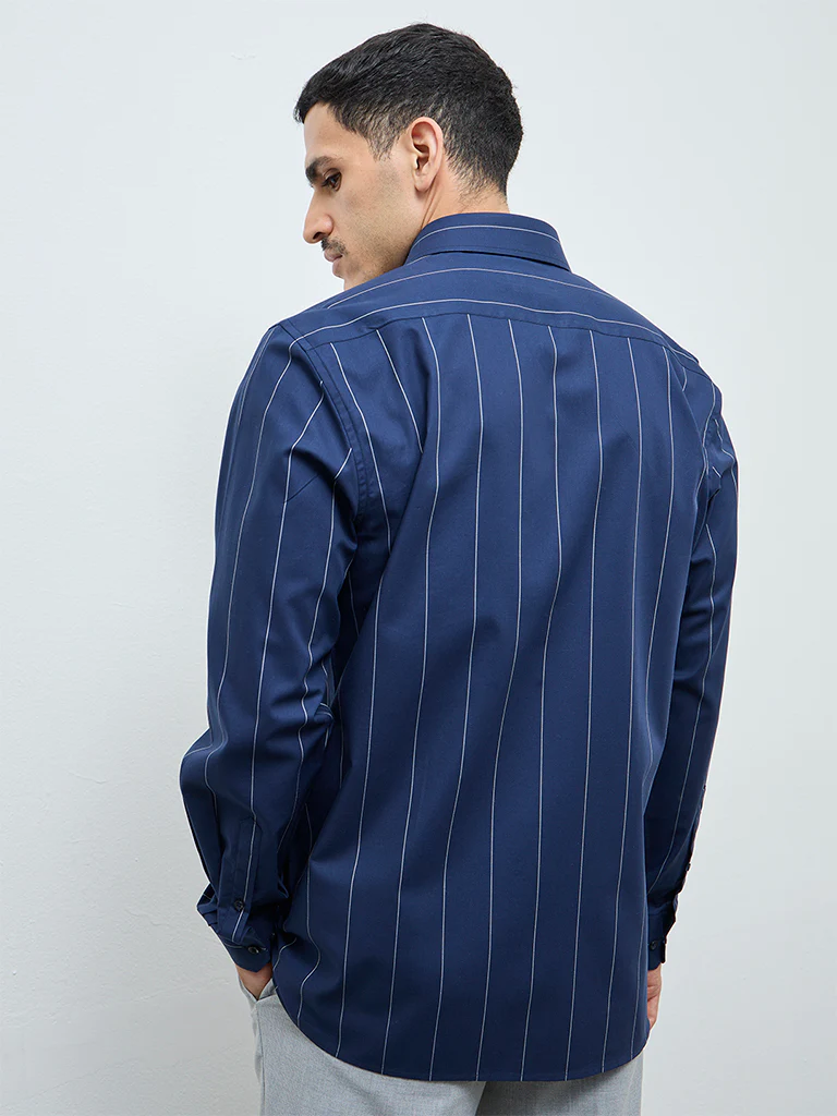 WES Formals Navy Striped Slim-Fit Cotton Shirt - Image 4