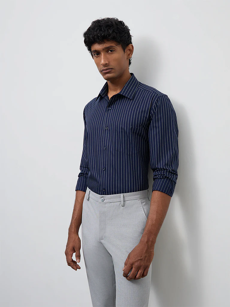WES Formals Navy Striped Slim-Fit Cotton Shirt - Image 2