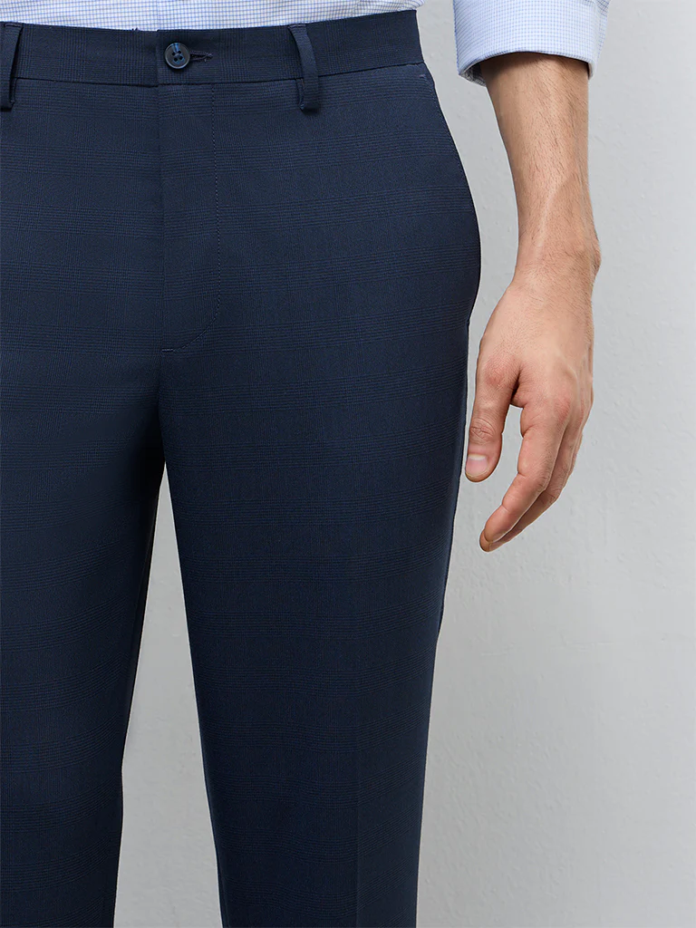 WES Formals Navy Textured Mid-Rise Slim-Fit Trousers - Image 3