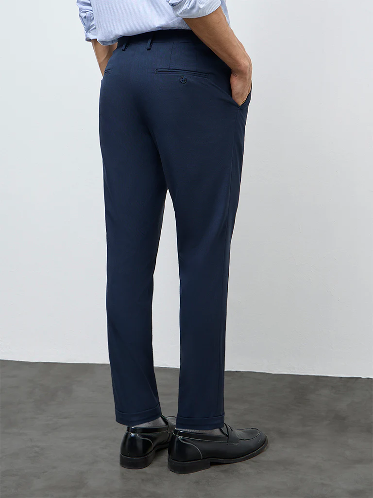 WES Formals Navy Textured Mid-Rise Slim-Fit Trousers - Image 4