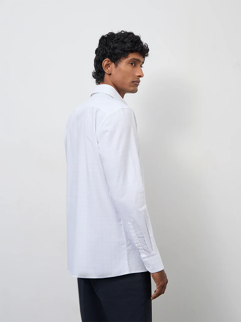 WES Formals Off-White Checkered Slim-Fit Cotton Shirt - Image 4