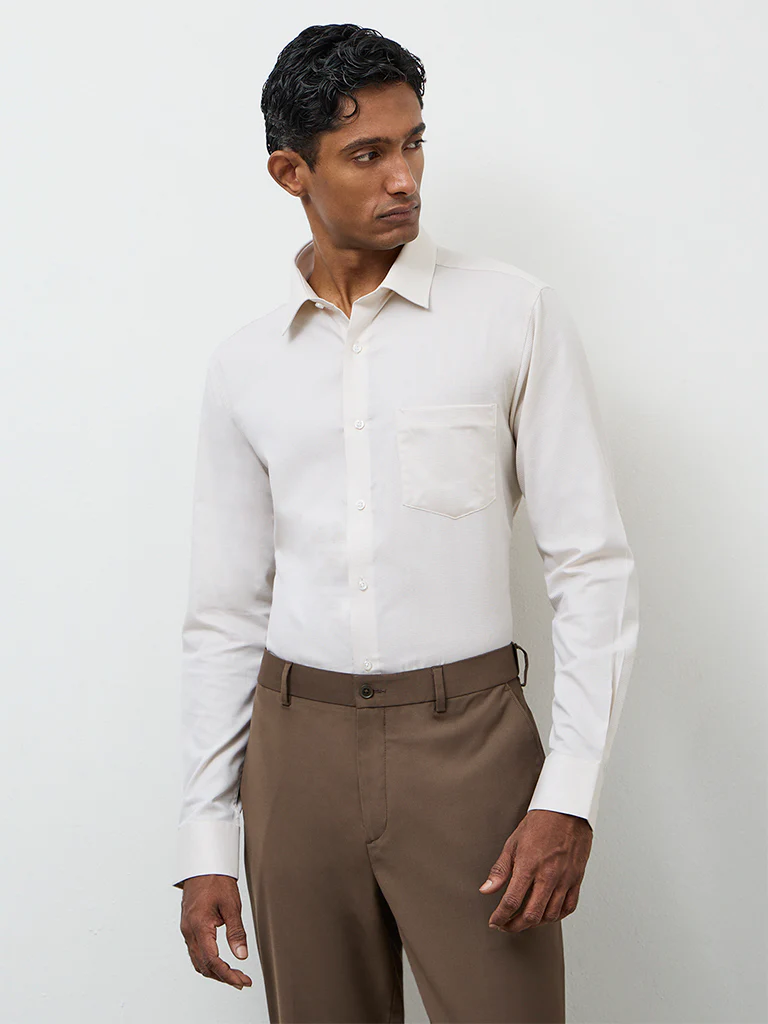 WES Formals Off-White Slim-Fit Cotton Shirt