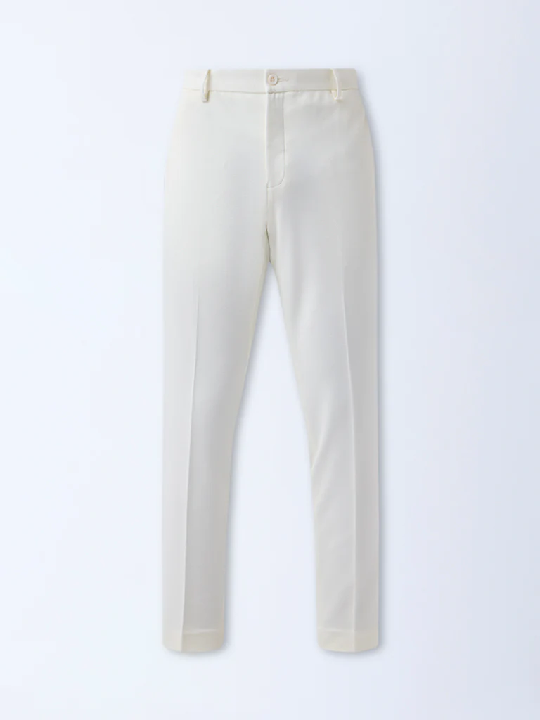 WES Formals Off-White Slim-Tapered Fit Mid-Rise Trousers - Image 6