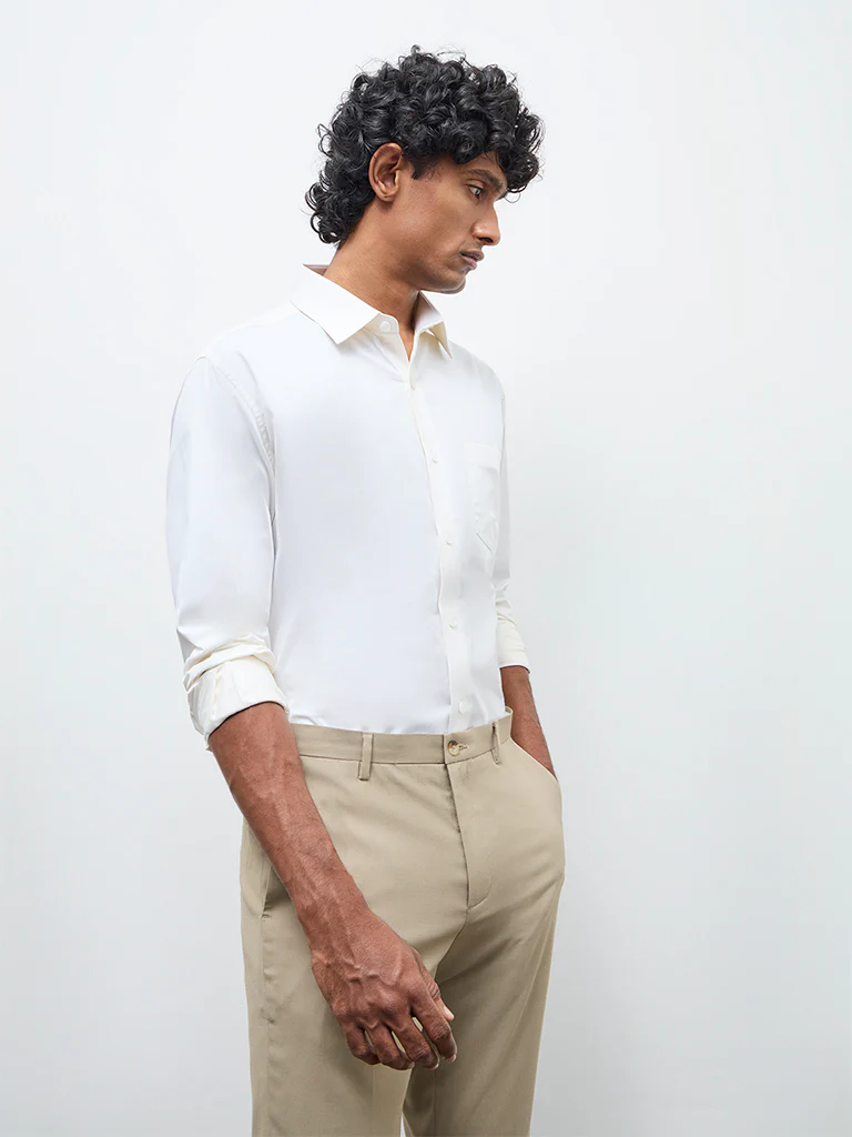 WES Formals Off-White Solid Relaxed-Fit Cotton Shirt