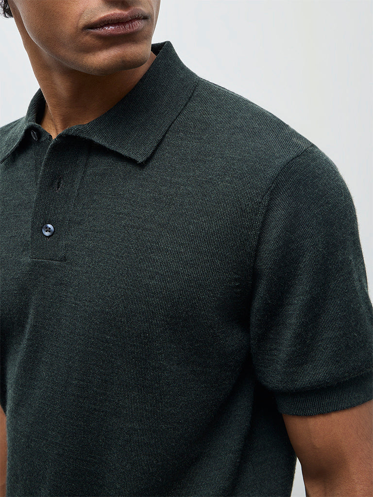 WES Formals Olive Knit-Textured Relaxed-Fit Polo T-Shirt - Image 4