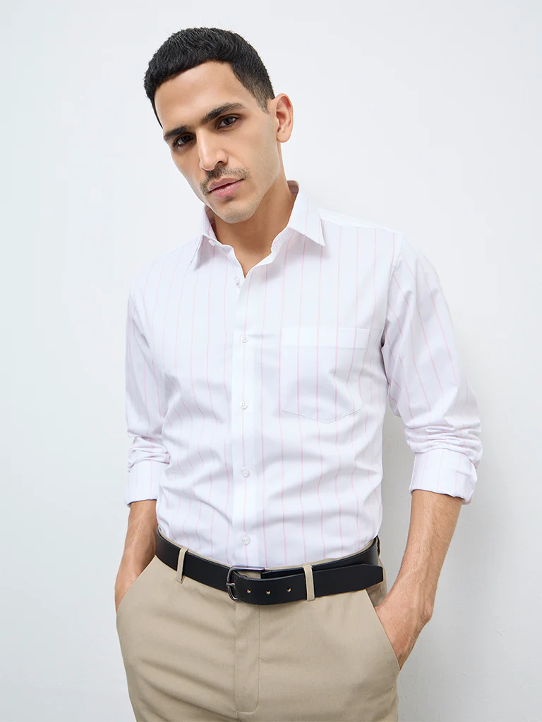 WES Formals Pink Striped Slim-Fit Cotton Shirt