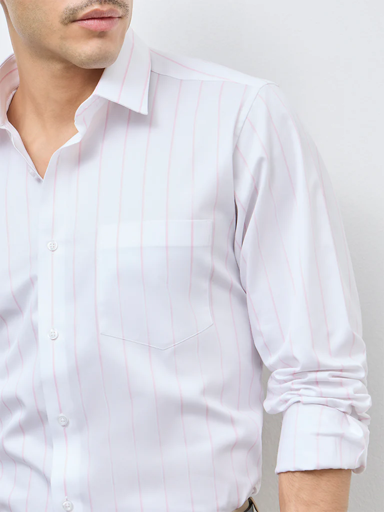 WES Formals Pink Striped Slim-Fit Cotton Shirt - Image 3