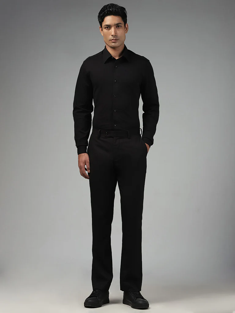 WES Formals Plain Black Cotton-Blend Slim-Fit Shirt - Image 4