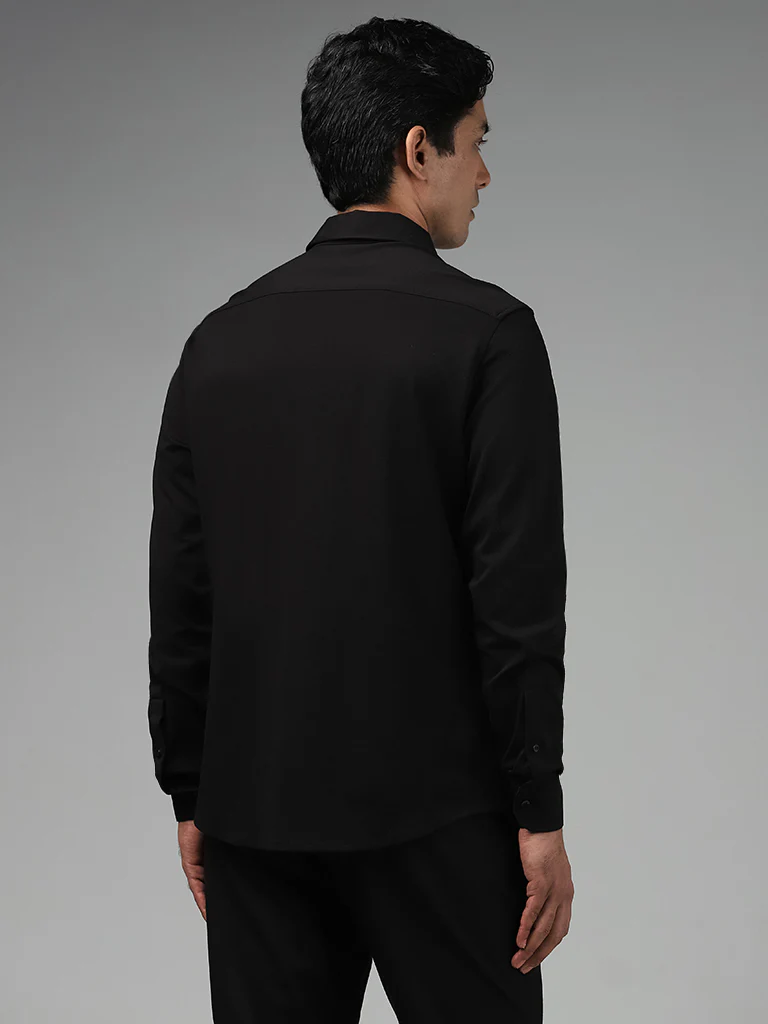 WES Formals Plain Black Cotton-Blend Slim-Fit Shirt - Image 5