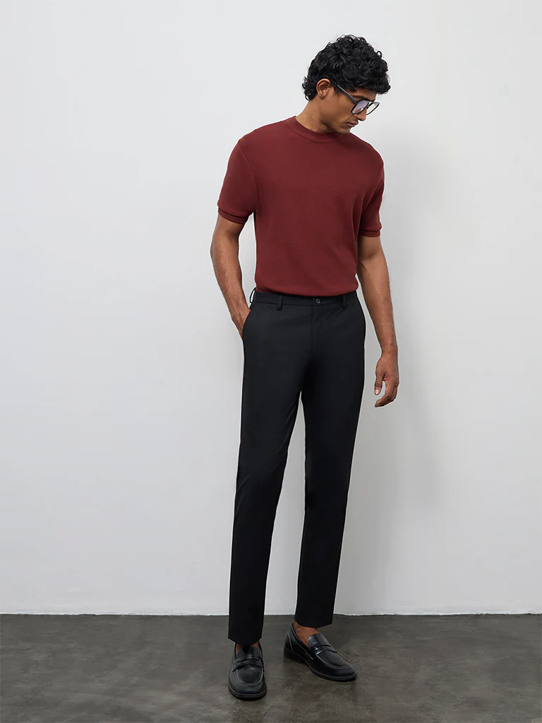 WES Formals Rust Knit-Textured Slim-Fit T-Shirt