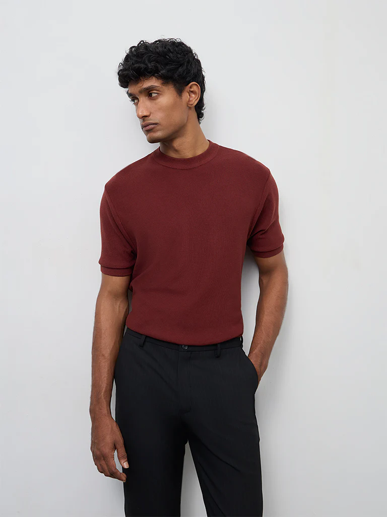 WES Formals Rust Knit-Textured Slim-Fit T-Shirt - Image 3