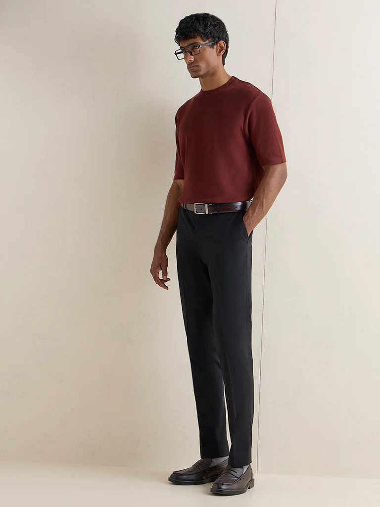 WES Formals Rust Knitted Slim-Fit T-Shirt - Image 2