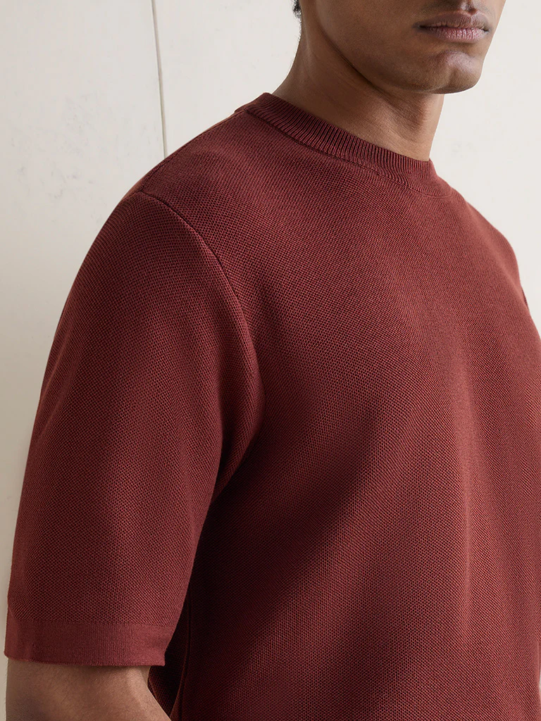 WES Formals Rust Knitted Slim-Fit T-Shirt - Image 3