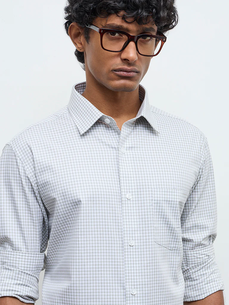 WES Formals Sage Gingham Check Relaxed Fit Cotton Shirt - Image 3