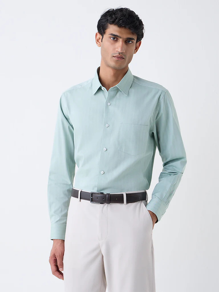 WES Formals Sage Self-Striped Relaxed-Fit Cotton Shirt