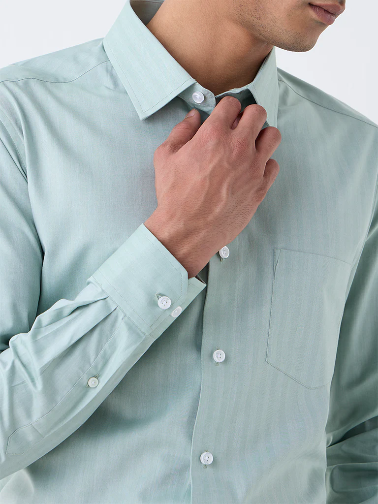 WES Formals Sage Self-Striped Relaxed-Fit Cotton Shirt - Image 2