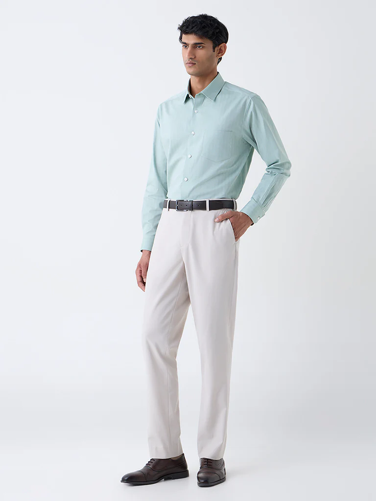 WES Formals Sage Self-Striped Relaxed-Fit Cotton Shirt - Image 3