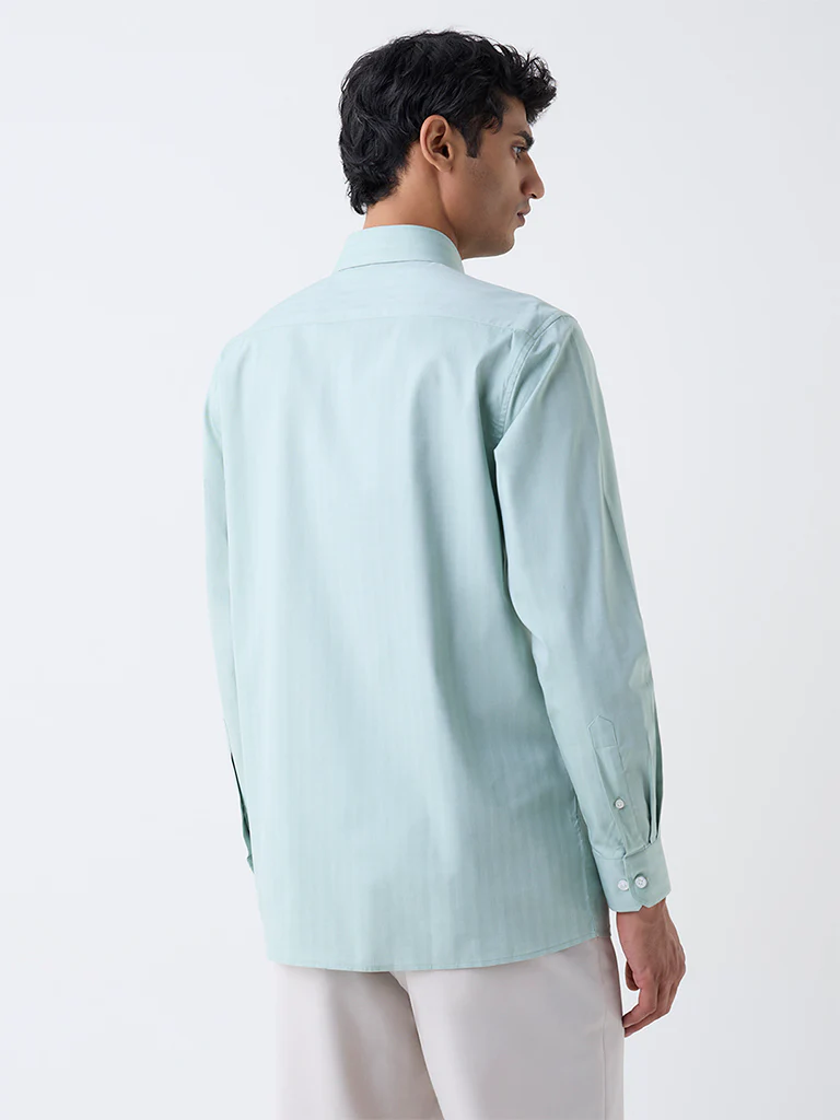 WES Formals Sage Self-Striped Relaxed-Fit Cotton Shirt - Image 4