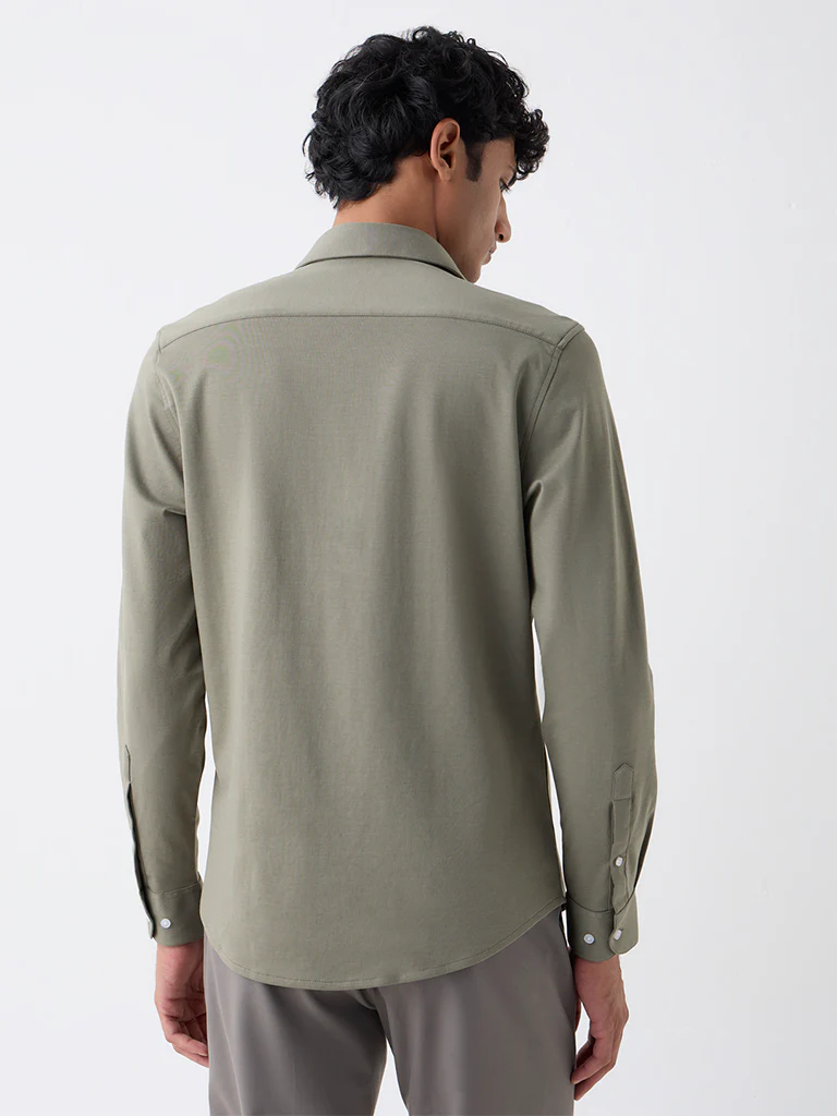 WES Formals Sage Solid Slim-Fit Cotton-Blend Shirt - Image 4