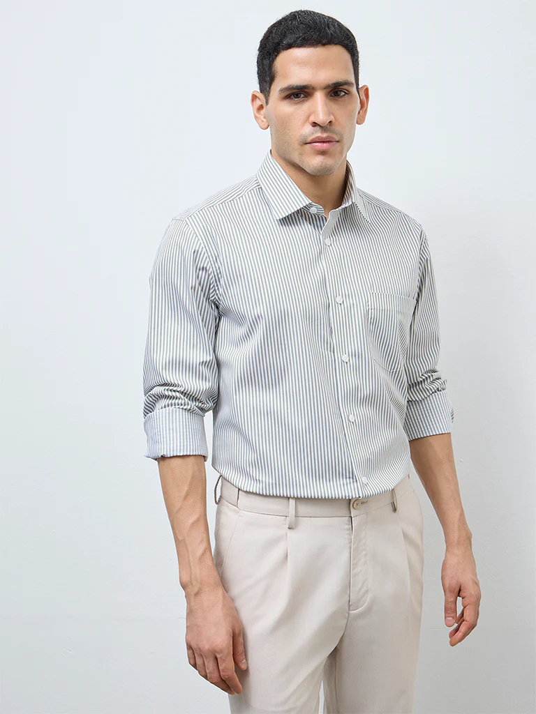 WES Formals Sage Striped Relaxed-Fit Cotton Shirt - Image 2