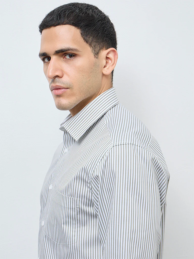 WES Formals Sage Striped Relaxed-Fit Cotton Shirt - Image 3