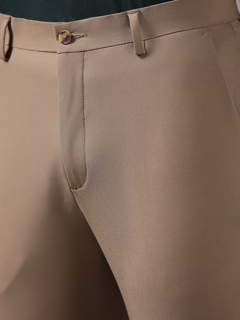 WES Formals Solid Dark Khaki Ultra Slim-Fit Mid-Rise Trousers - Image 2