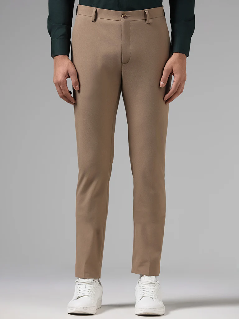 WES Formals Solid Dark Khaki Ultra Slim-Fit Mid-Rise Trousers - Image 3