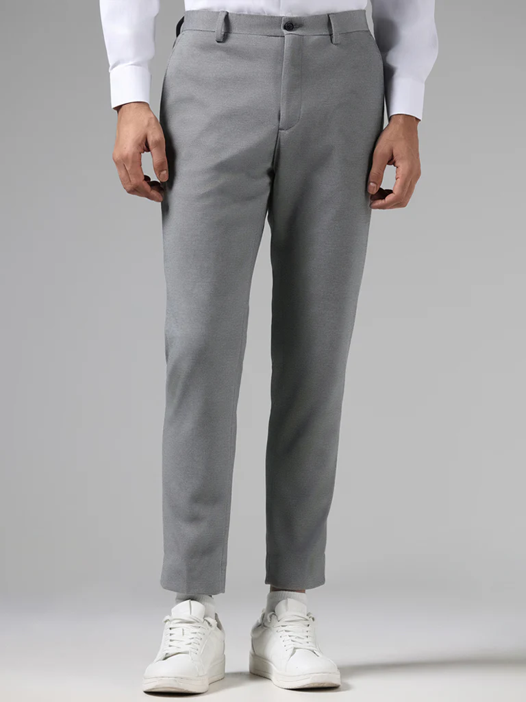 WES Formals Solid Grey Slim-Fit Mid-Rise Trousers - Image 4
