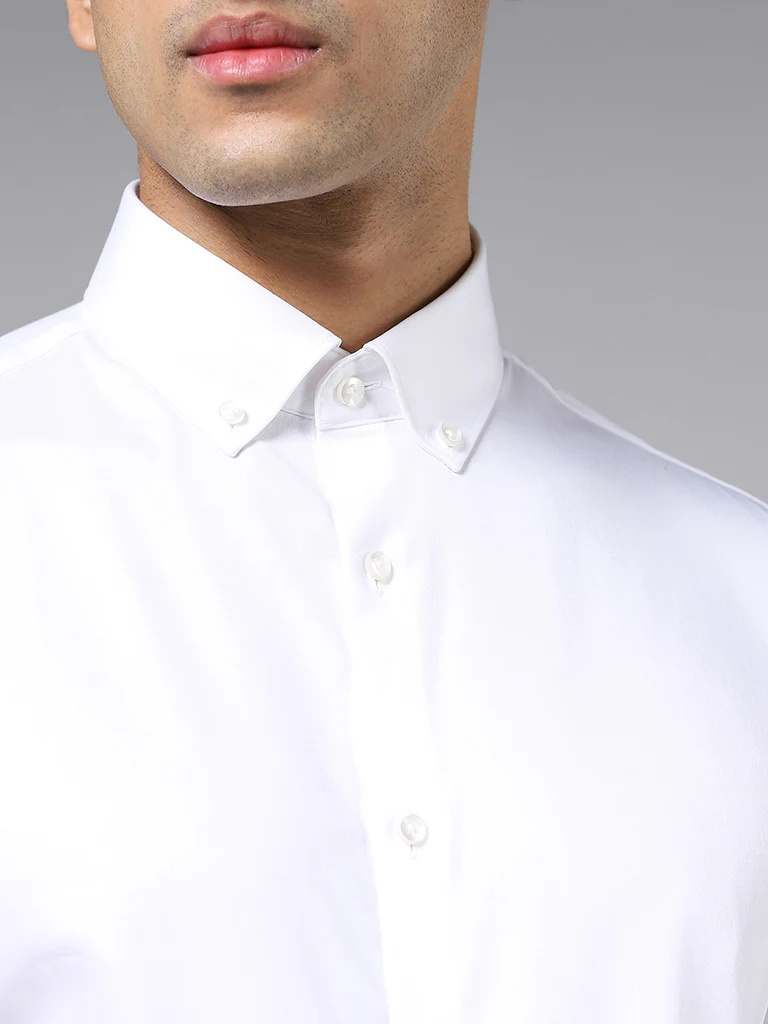 WES Formals Solid White Cotton-Blend Slim-Fit Shirt - Image 3