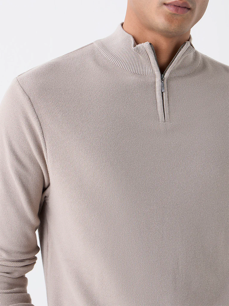 WES Formals Taupe Knitted Slim-Fit Quarter-Zip Sweater - Image 3