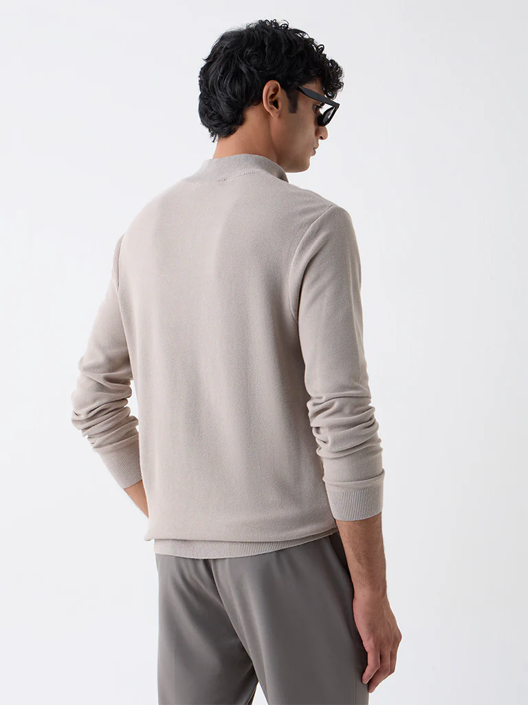 WES Formals Taupe Knitted Slim-Fit Quarter-Zip Sweater - Image 5